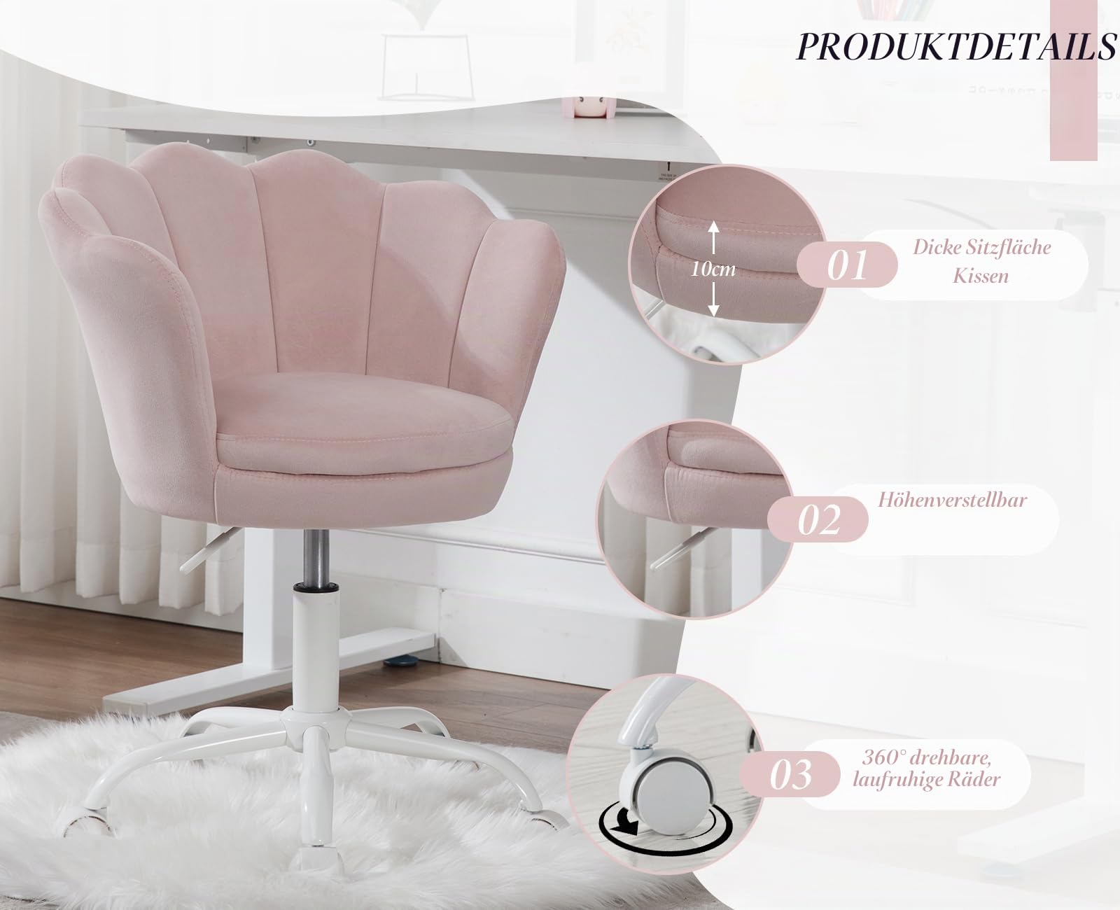 Ya-Home Drehstuhl Kinder Samt Schreibtischstuhl höhenverstellbar Blütenblatt Design gepolsterter Stuhl Bürostuhl für Jungen und Mädchen,Rosa