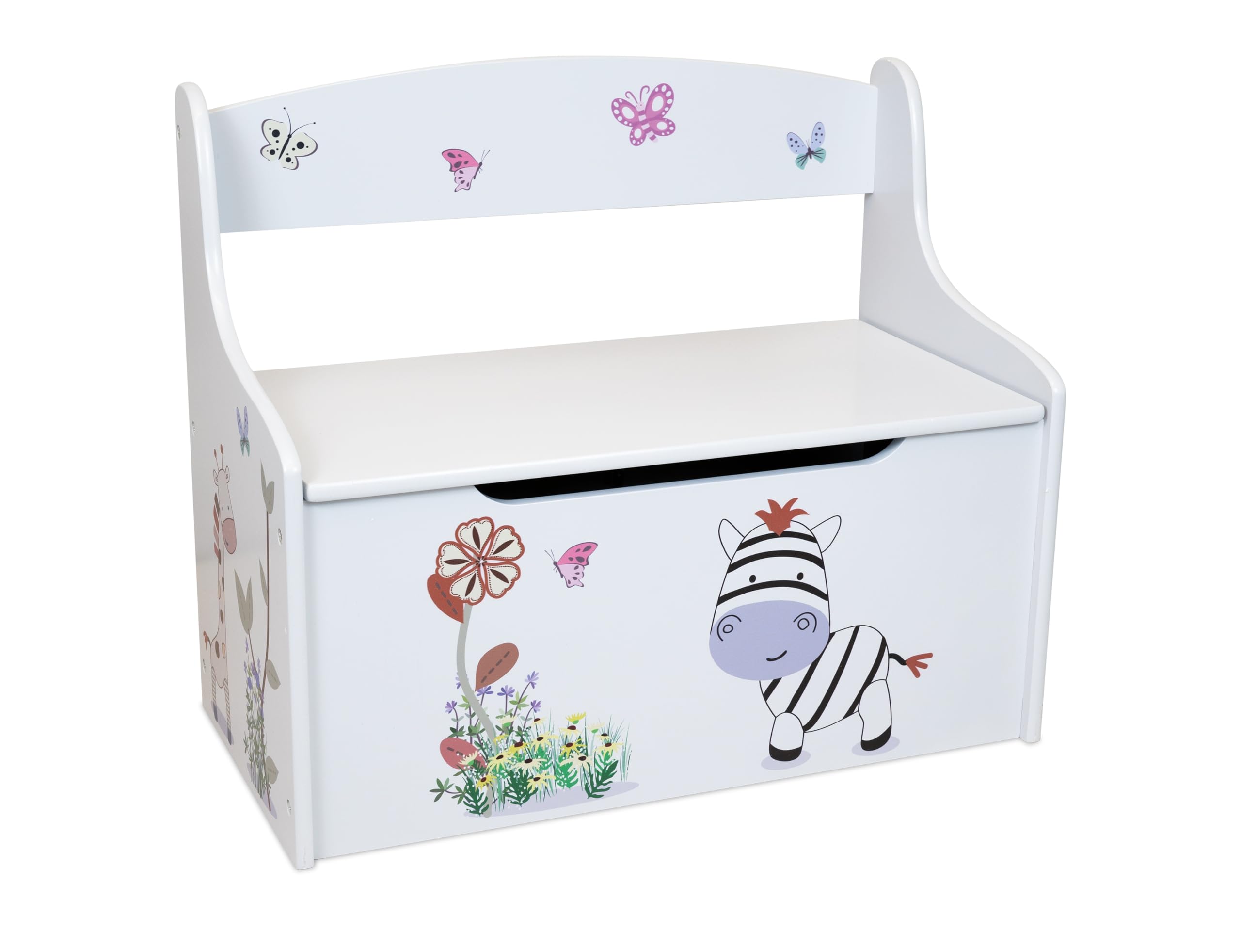 Teorema Giocattoli, Cassapanca Porta Giochi Bambini, Panca Contenitore 2 in 1 con Schienale, Baule in Legno con Coperchio di Sicurezza per Cameretta, Design Animali