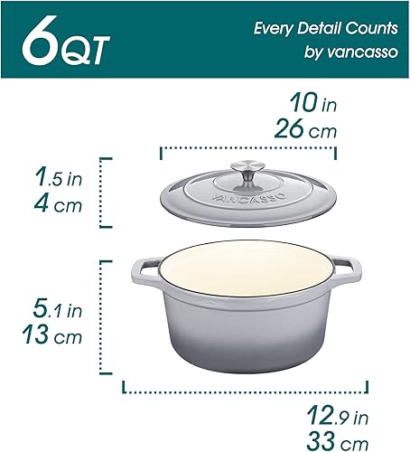 Miniatura 9 de vancasso Horno holandés de hierro fundido, olla holandesa de 6 cuartos de galón con tapa, horno holandés redondo olla de hierro fundido con