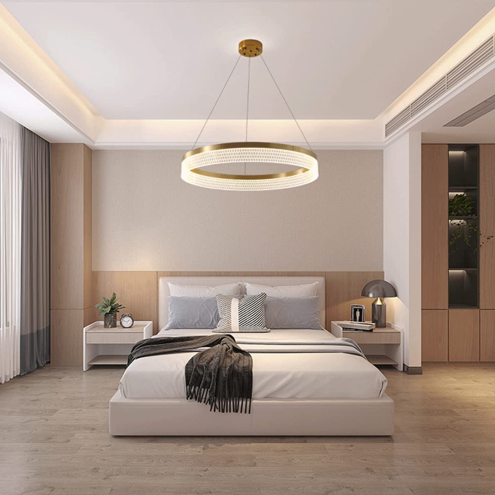 Nowoczesna ściemnialna lampa wisząca LED, lampa wisząca ze złotym metalowym pierścieniem, akrylowe lampy wiszące, proste aluminiowe żyrandole do oświetlenia dekoracyjnego w jadalni, wisząca lampa