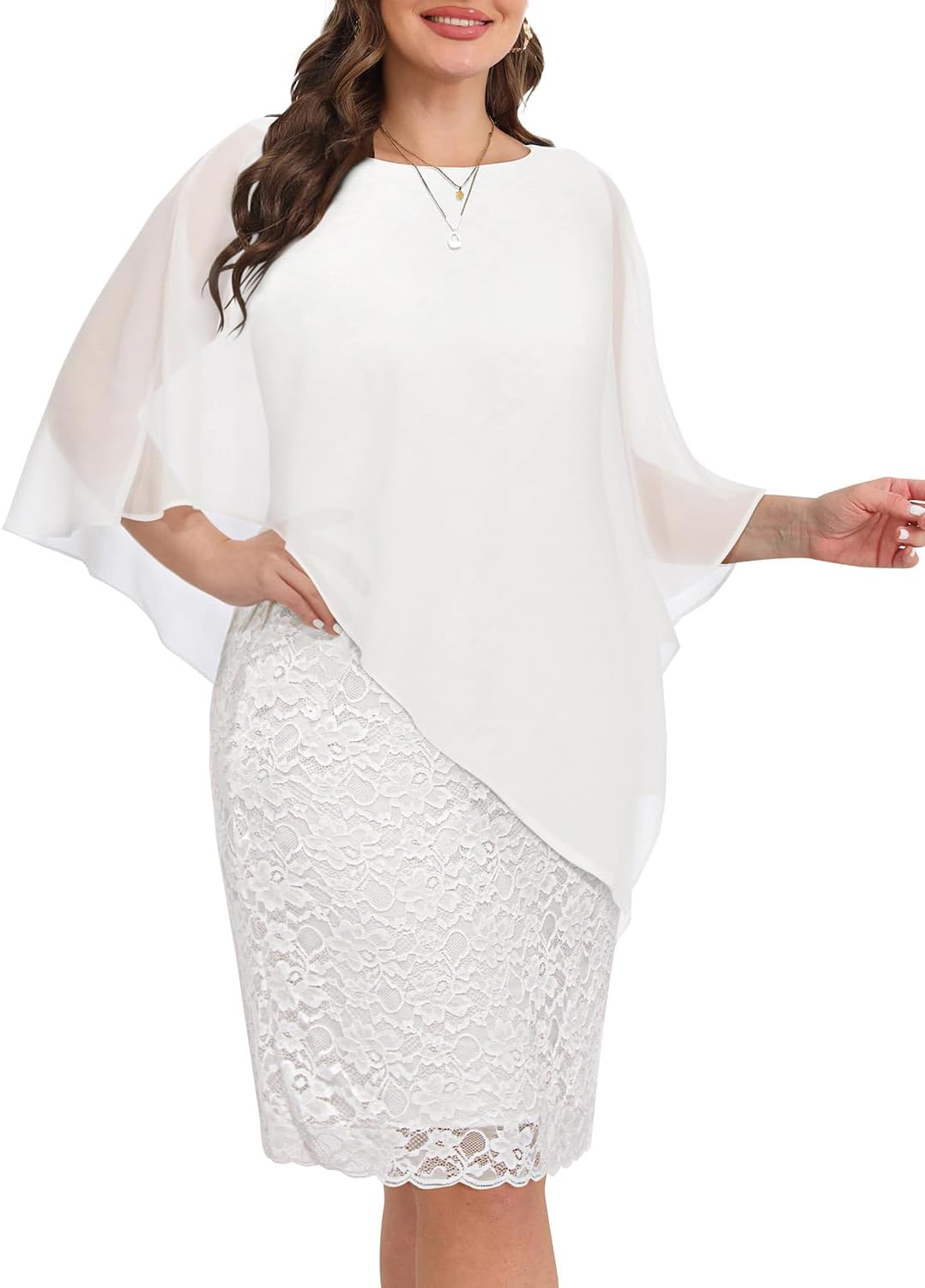 Plus Size Dresses Wedding Guest - Mother Bride Semi Formal Lace Cape with Chiffon Overlay Dresses - Image 3