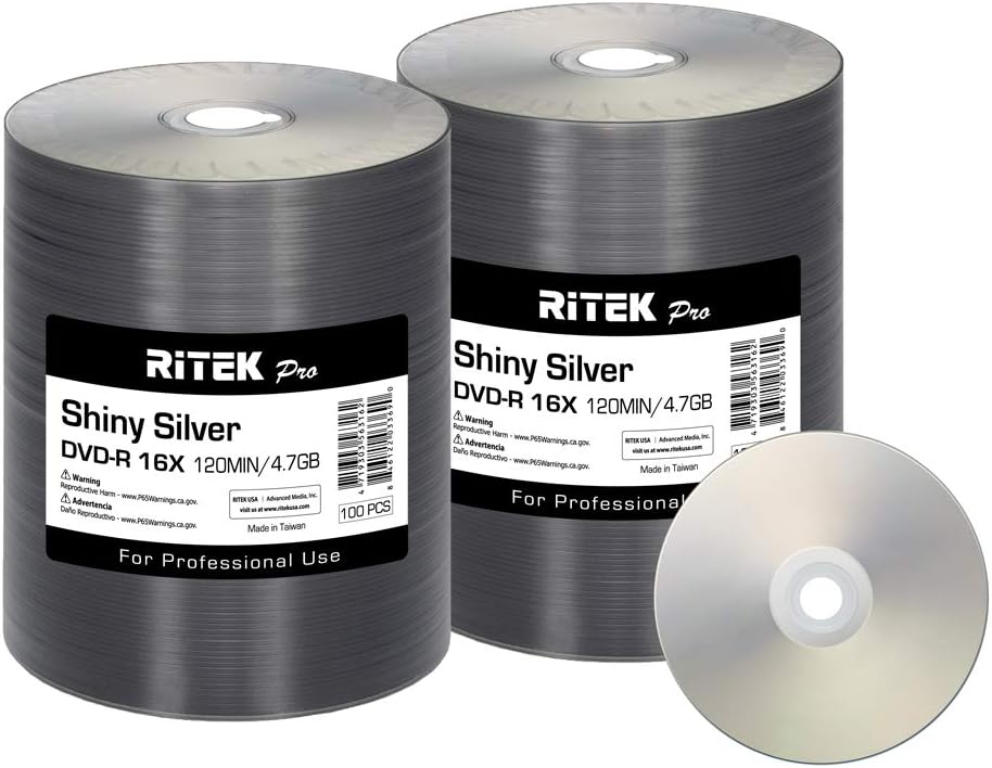 200 Pack Ritek Pro (Professional Grade) DVD-R 16X 4.7GB AZO Dye (MID MXL RG04) Shiny Silver Lacquer Silk Screen Printable Blank Media Recordable Disc