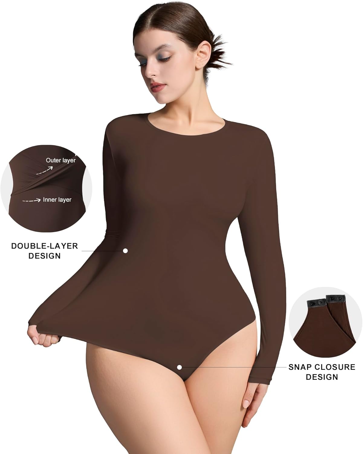 Women’s Crew Neck Long Sleeve Bodysuits - Double lined Body Suit T Shirts Basic | Top Fall Winter Outfit - Image 4