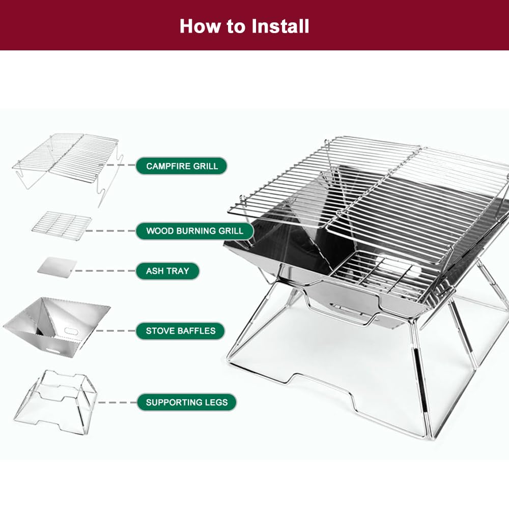 Grill De Camping Portable Robuste, Antirouille, Résistance À La Corrosion, Feu De Camp Pliable, Grill En Acier Inoxydable 430 Pour Le Camping, La Randonnée, Les Pique-Niques, Les Voyages, Etc