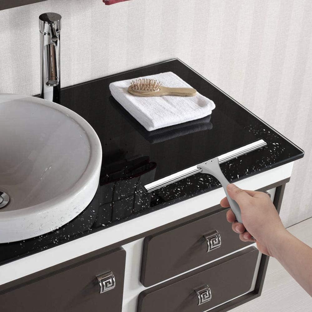 AmazerBath Shower Squeegee, Plastic Bathroom Squeegee for Shower Doors with Adhesive Holder Hook Longer Non-Slip Handle, All-Purpose Glass Squeegee for Mirror, Windows and Car Glass, 10 Inches, Grey : Home & Kitchen