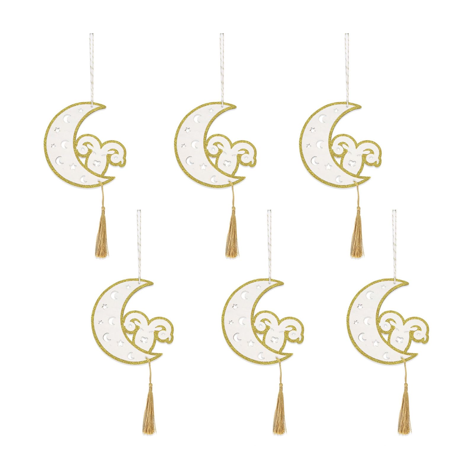 carotoe 6pcs Wood Star and Moons Ornament with Tassels Fringe Pendant for Ramadans Celebration Home Decoration Supplies Tassels Wall Hanging