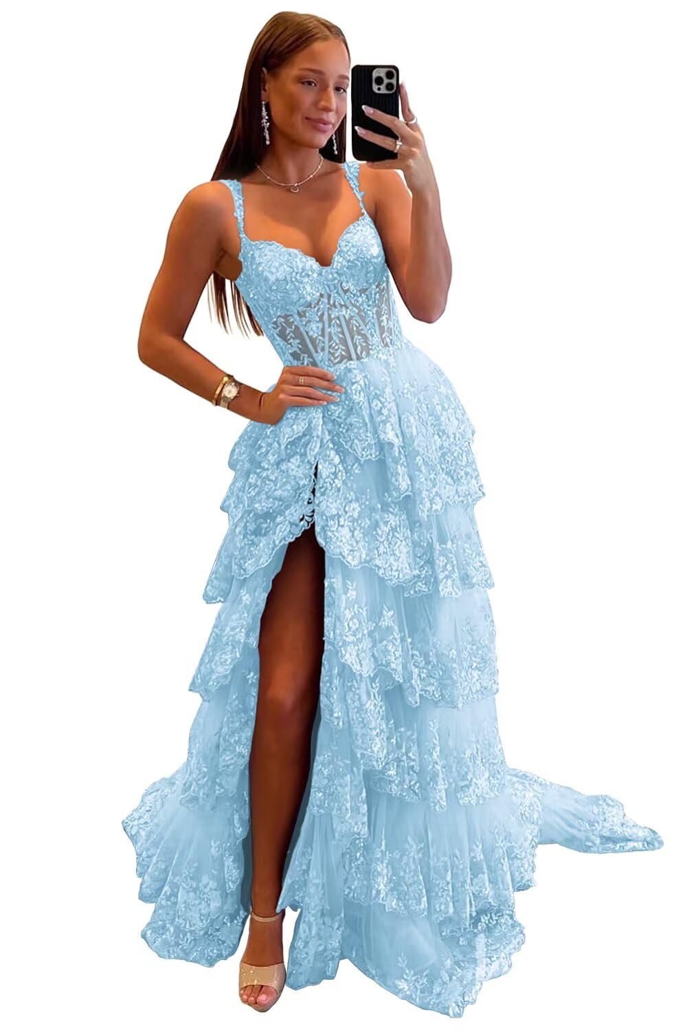 Wchecalino Sparkly Tiered Lace Tulle Prom Dresses Long 2026 Spaghetti Straps Formal Corset Evening Gown with Slit