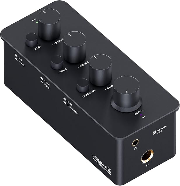 Fosi Audio SK01 Wzmacniacz Słuchawkowy z Korektorem Preamp z Regulacją Tonów Niskich średnich i wysokich oraz kompensacją głośności Analogowy Amp Klasy A do gitary elektrycznej z gniazdami 3,5/6,35mm