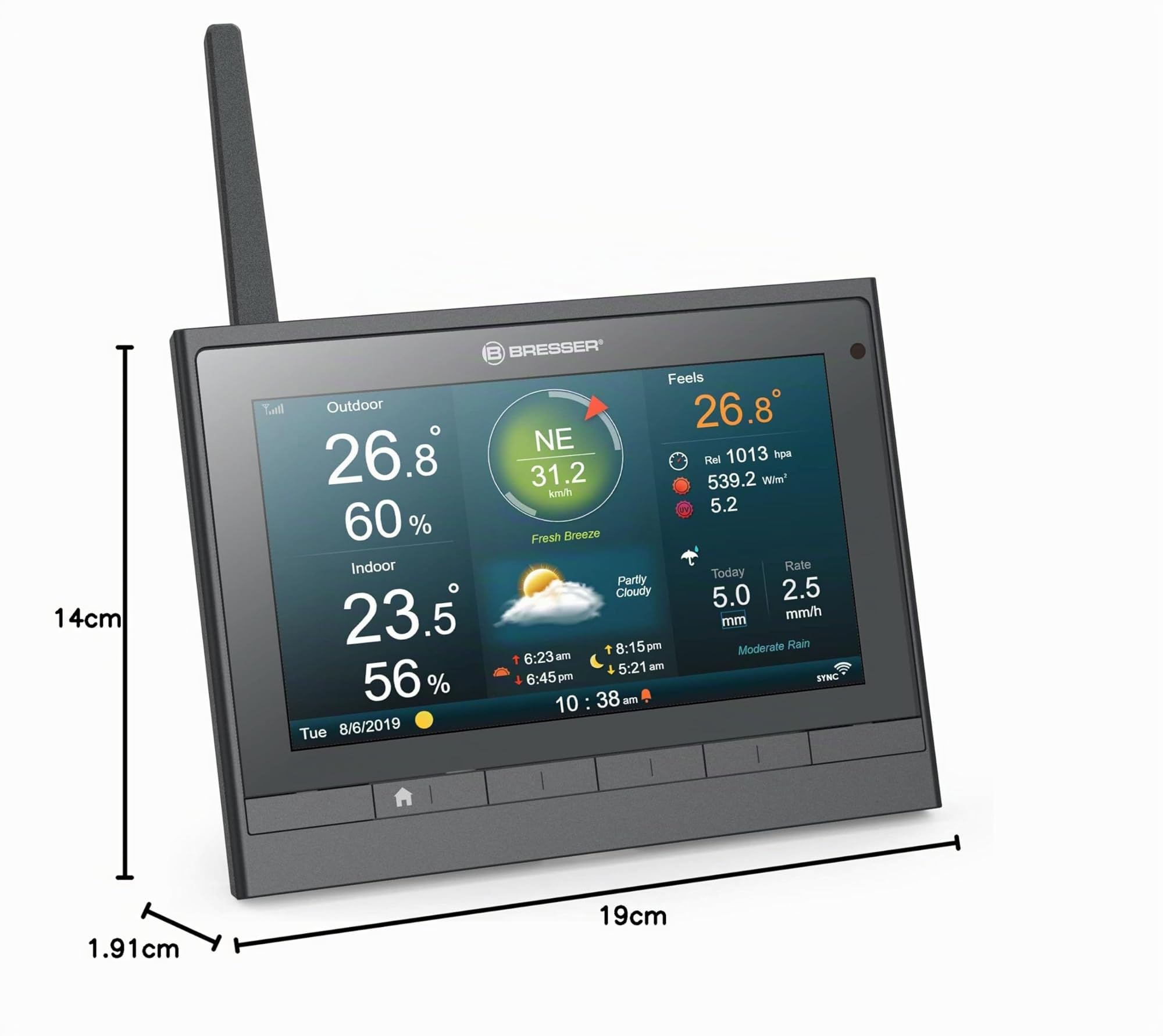 Bresser MeteoChamp Estación meteorológica radiocontrolada con sensor exterior alimentado por energía solar. Centro meteorológico inalámbrico HD WLAN 7 en 1 incl. anemómetro y pluviómetro | Temperatura interior y exterior, humedad, pluviómetro, anemómetro,