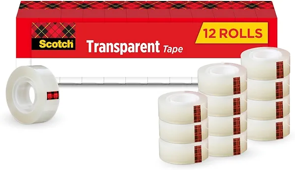 Scotch Transparent Tape, Clear Tape Engineered for Office and Home Use, 1 Inch Core, 3/4 in x 1000 in, 12 Rolls