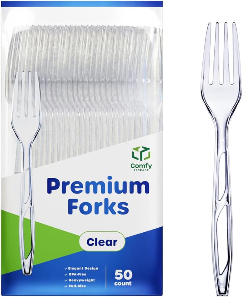 Comfy Package [50 Count] Premium Heavyweight Disposable Forks - Clear Plastic Forks, Plastic Cutlery, Perfect for Parties, Events, and Catering
