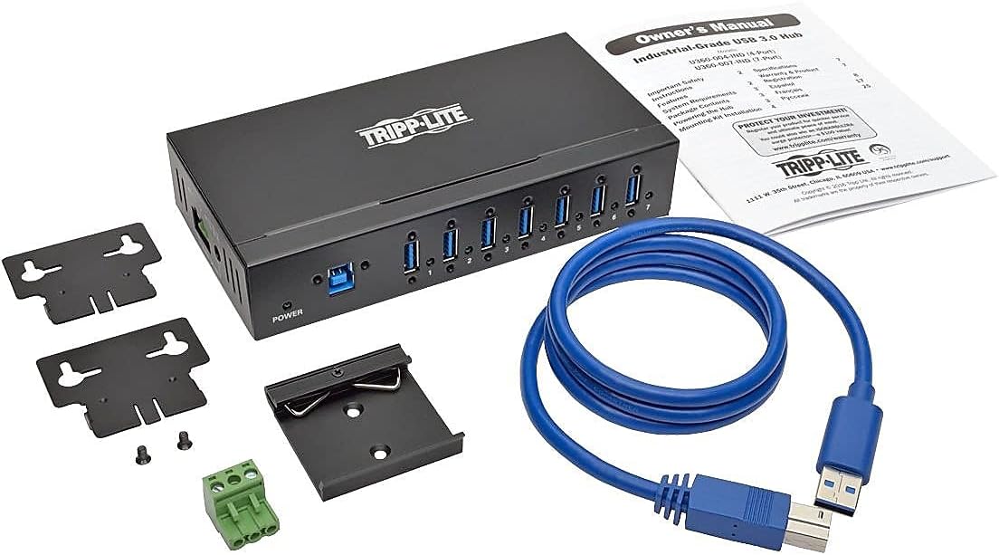 Tripp Lite 7-Port Industrial USB-A 3.0 SuperSpeed Hub with 15KV ESD Immunity, Metal Case, Mountable, USB Type-A (U360-007-IND), Black