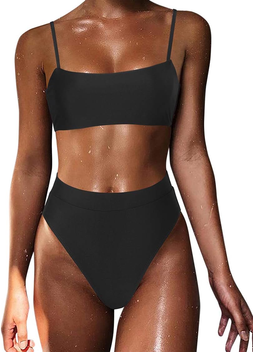 Women High Wasited Bikini Shoulder Strap 2 Piece High Cut String Swimsuits