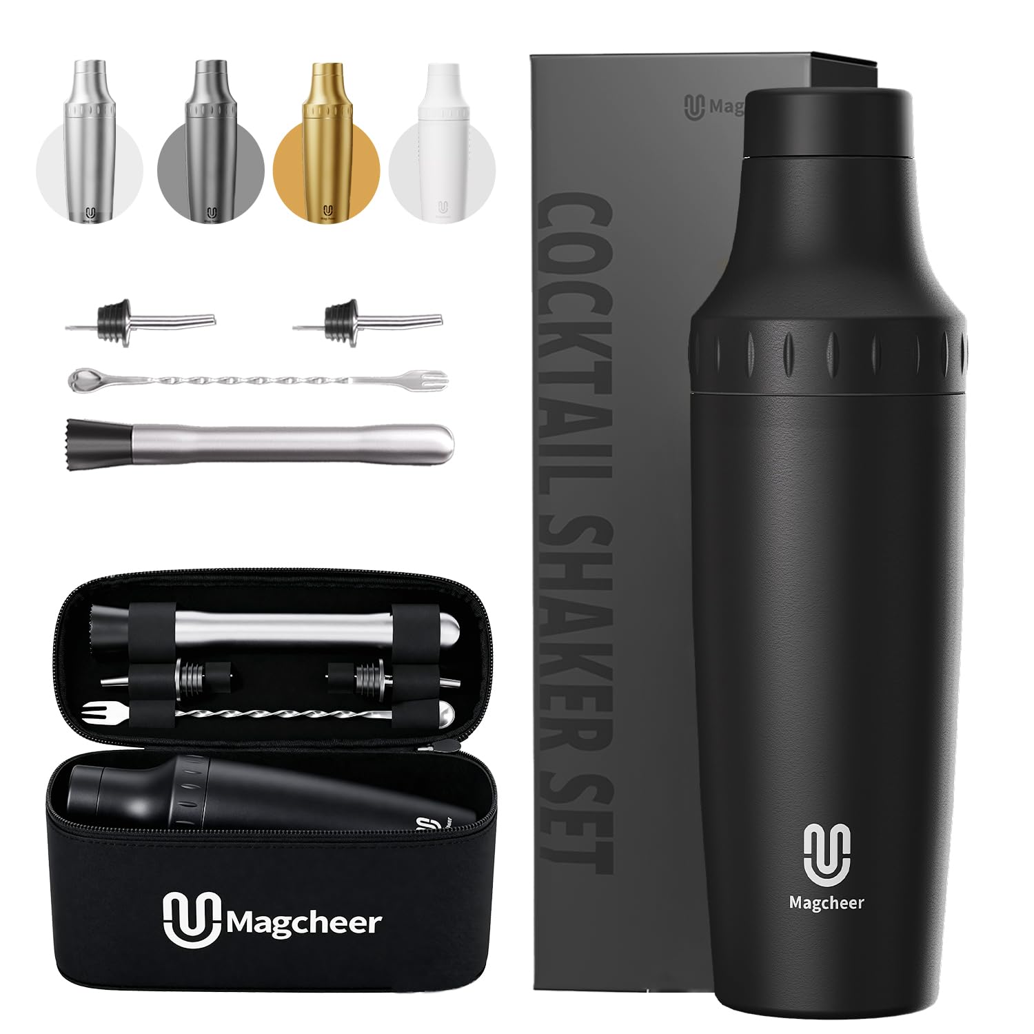 Magcheer Hybrid Cocktail Shaker Set | Vacuum Insulated Stainless Steel Martini Shaker with Strainer & Jigger Lid | Travel cocktail kit with Bartender