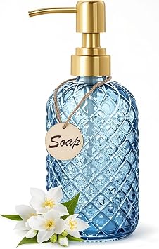 Bingobang Bathroom & Kitchen Glass Soap Dispenser with Hand Gold Pump 304 Rustproof Stainless Steel, 16 Oz Refillable Liquid Hand Wash Jar Dispenser Lotions Shampoo Bottle for Laundry Room Blue
