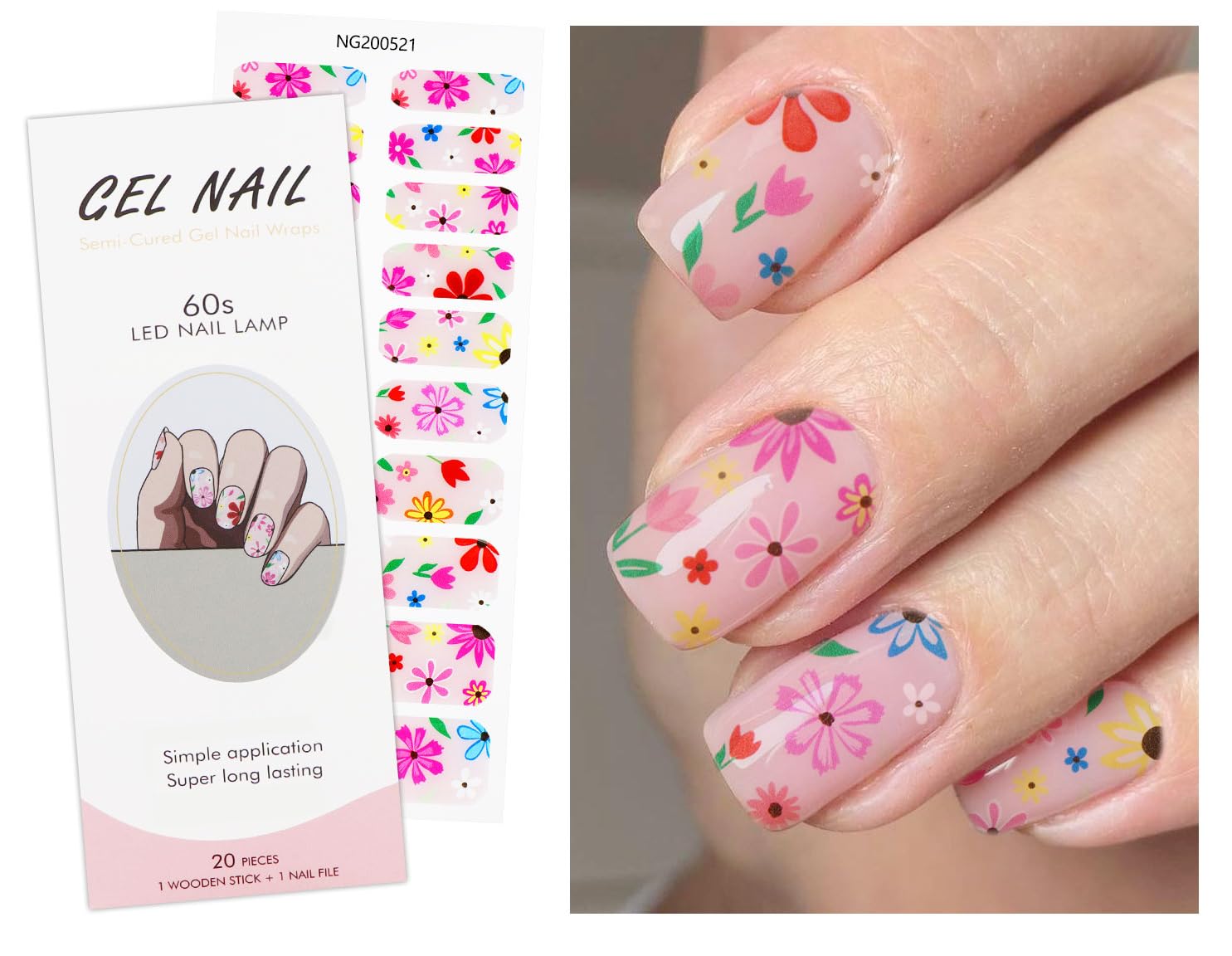 JMEOWIO Gel Nail Stickers Colorful Flower Semi Cured Gel Nail Strips Wraps UV/LED Nails Art Design Decoration Accessories