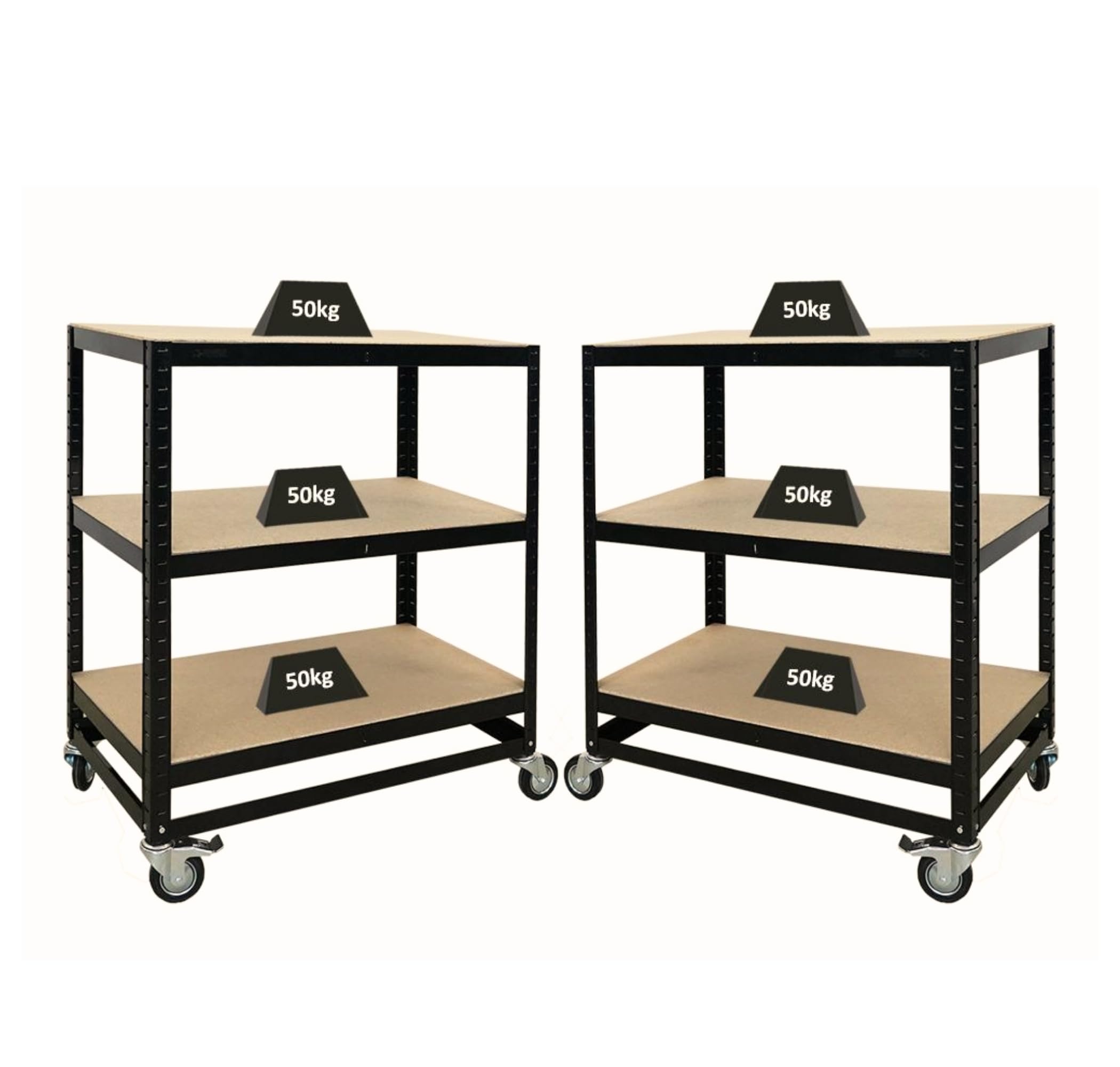 PROREGAL Mega Deal 2X Kommissionierwagen BÜFFEL Fahrbares Kommissionierregal 100x90x50cm 3 Ebenen Fachlast 50kg 2X Lenkrollen & 2X Lenkrollen mit Feststellbremse Schwarz Regal auf Rollen Regalwagen