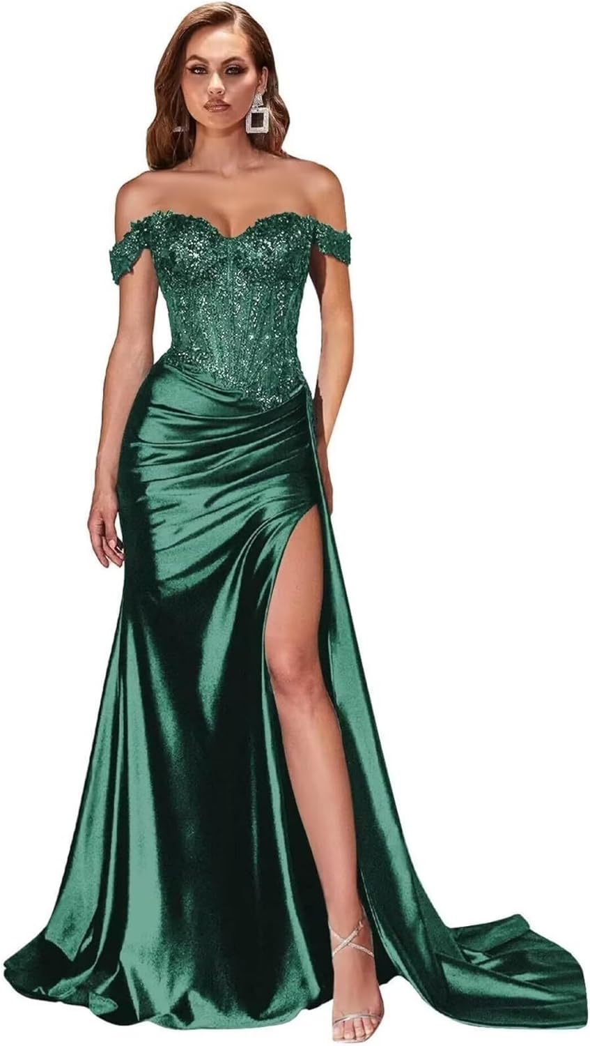LTW Satin Prom Dresses with Slit Mermaid Ball Gowns for Women Lace Applique Off Shoulder Corset Formal Dress