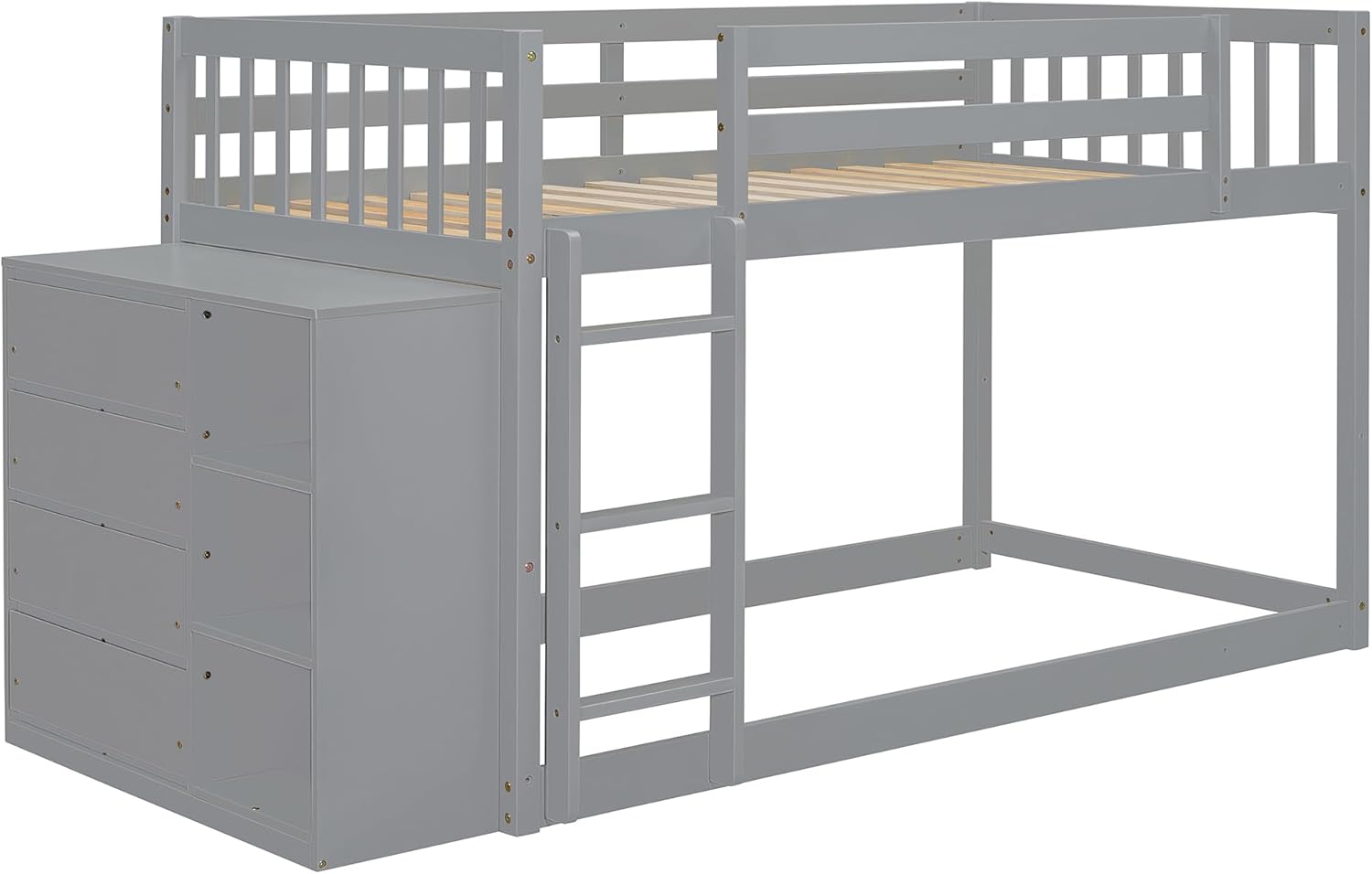 Twin Over Twin Bunk Beds with Removable Storage Cabinet, Wooden Floor Bunk Beds with 4 Drawers and 3 Shelves, Low Twin Loft Bed for Kids, Girls Boys, Teens, Adults (Gray)