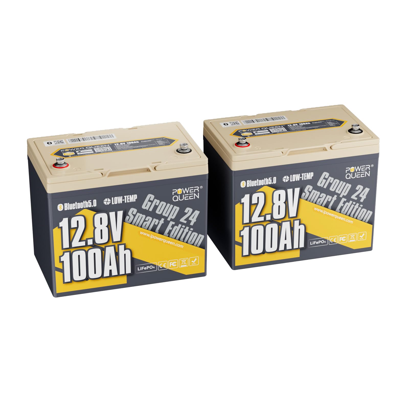 Power Queen Batteria al litio 12V 100Ah con Bluetooth, Dimensione G24 | Con BMS 100A e protezione basse temp., fino a 15.000 cicli. Perfetta per Camper, Campeggio, Motori Pesca e Solare, 2pack