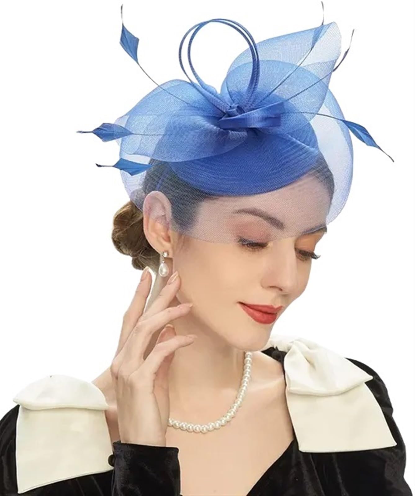 UALXPAO Wedding Hats Women's Fascinator Hat With Feather Mesh Tea Party Hats for Tea Party,Weddings(Blue2)
