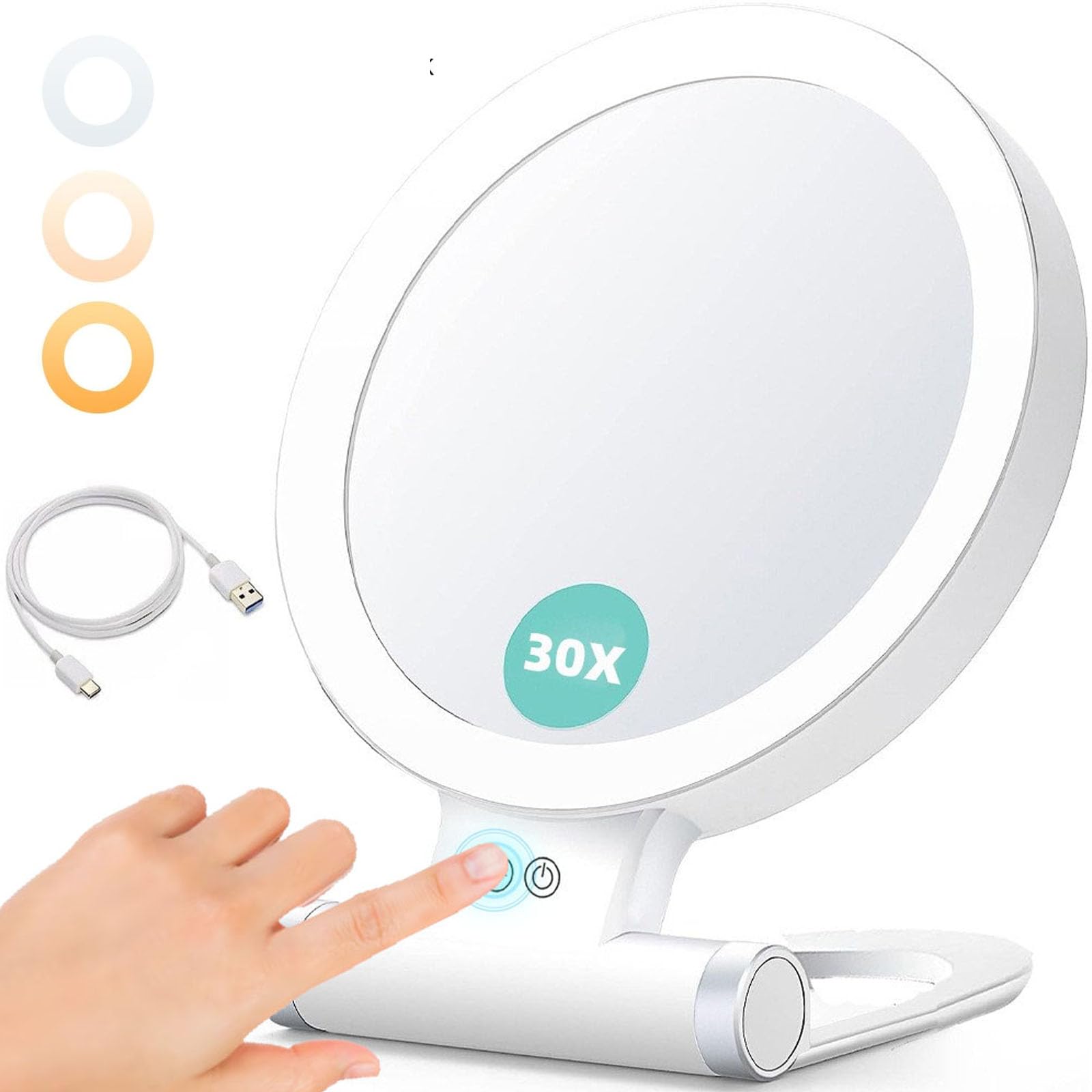 Specchio cosmetico con illuminazione, specchio ingranditore bilaterale 1X/30X con luce, 3 modalità di illuminazione, dimmerabile con ingrandimento, specchio portatile da viaggio con luce