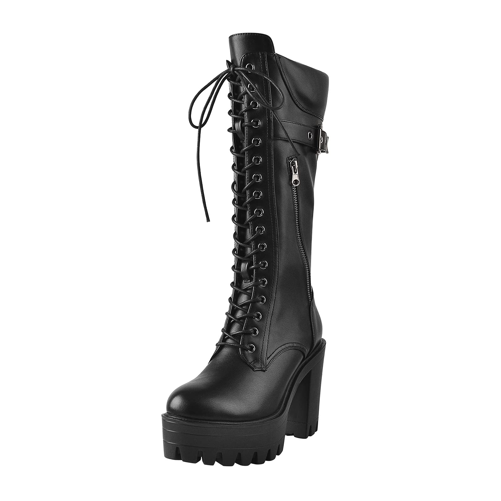Only maker Damen Biker Boots Plateau Stiefel mit Blockabsatz Schnürstiefel