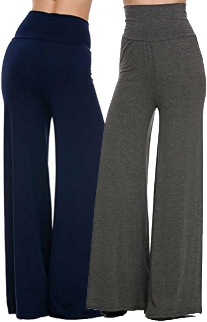 Superline Wide Leg High Fold Over Waist Palazzo Pants (Medium, 2 Pack: Navy & Charcoal)