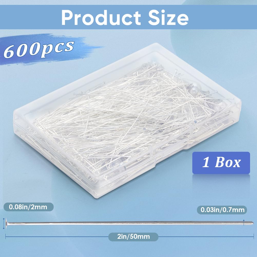 SOFPLATE 1 Box 600Pcs Straight Pins Bulk Silver Flat Head Pins Brass 50mm Long Brass Flat Headpins Jewelry Findings Pins for Jewelry Making Accessories Supplies DIY Dangle Earring Crafts Women Adult