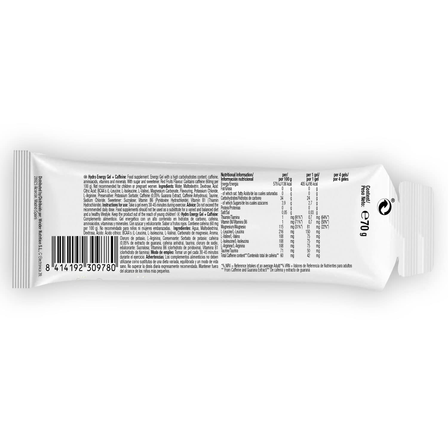 Victory Endurance Hydro Energy Gel Caffeine Red Fruit 70g.Textura Más Líquida. 42 mg de Cafeína por Gel
