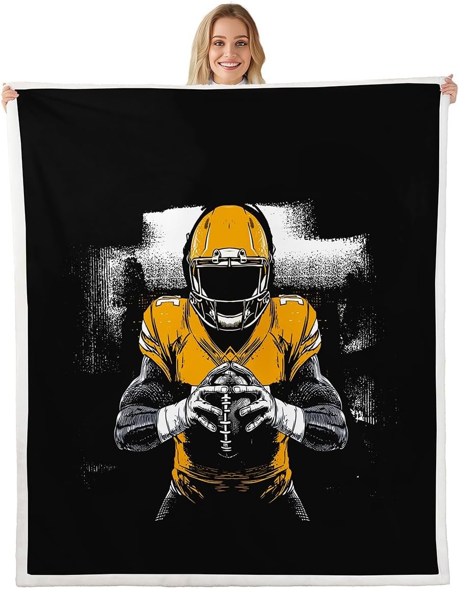 Kids Rugby Sports Fleece Throw Blanket Twin 60"x80" Yellow Black Football for Boys Girls Teens Bedroom Decor Soccer Ball Game Sherpa Blanket Plush Fuzzy American Football Player Soft Lightweight