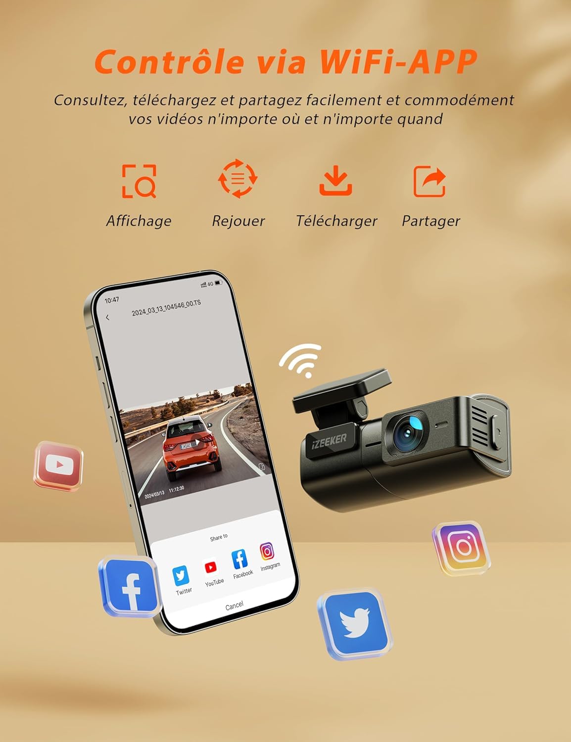 iZEEKER 2.5K Dashcam Voiture, Camera Voiture 1440P WiFi, Mini Dash Cam Avant avec App Contrôle, Vision Nocturne, WDR, Capteur G, Enregistrement en Boucle, Mode Parking 24H