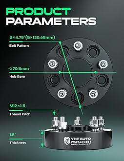 YHTAUTO 5x4.75 Hub Centric Wheel Spacers 1.5 Inch Compatible with Chevrolet, GMC, Buick, Cadillac, Pontiac Models, Camaro, Jimmy Tire Spacers w/ M12x1.5 70.5mm Hub Bore 5 Lug 4PCS Black