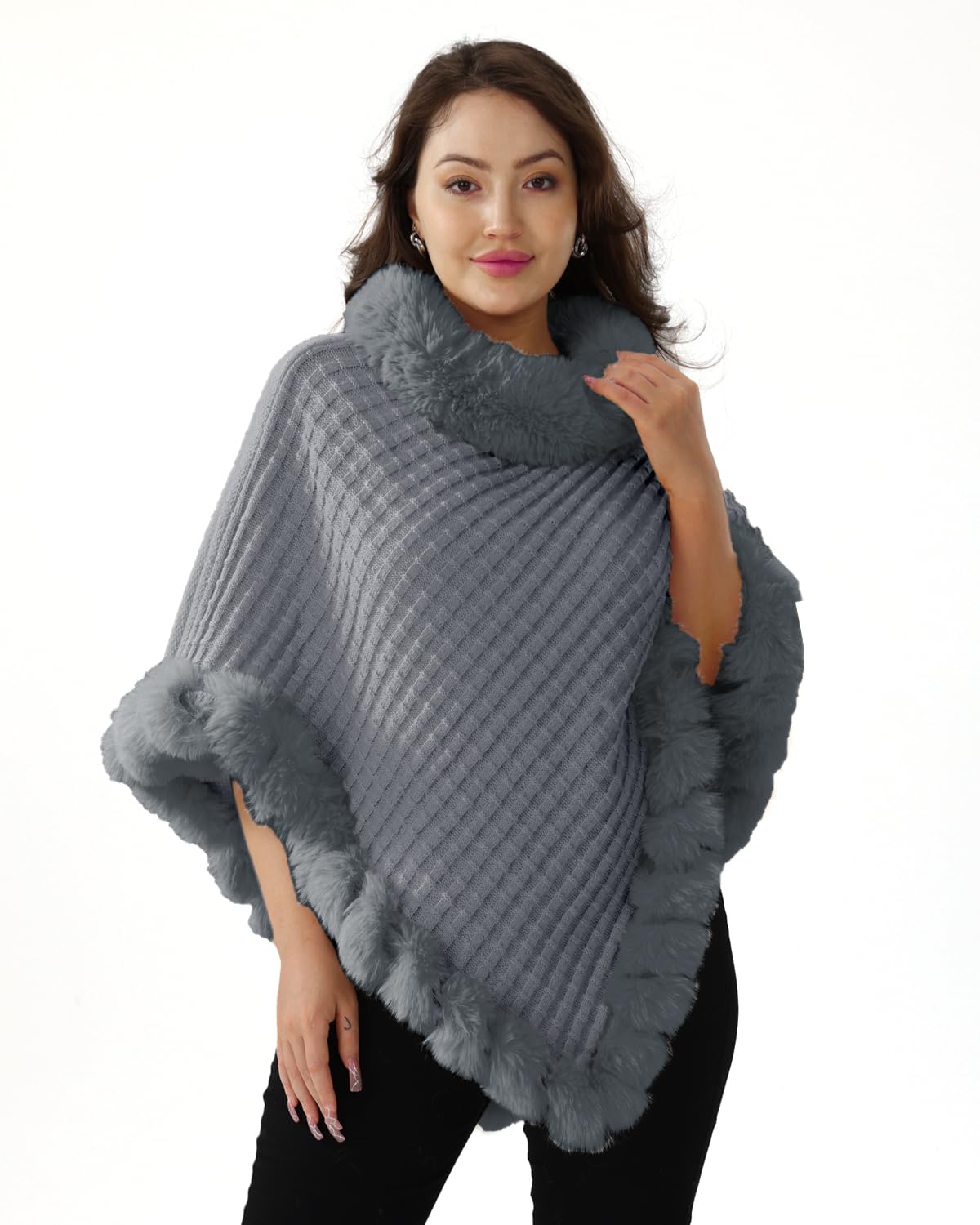 Poncho d’Hiver Femme Cape Chaud Manteau en Fausse Fourrure Tricoté Élégante Chale pour l' Automne Hiver
