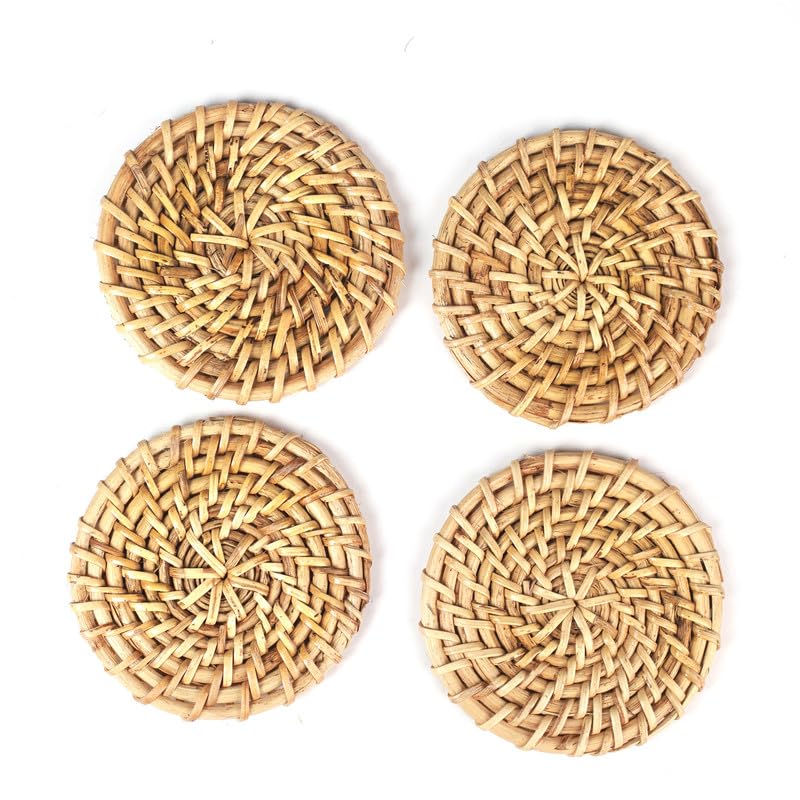 The Spring Palette | Rattan Ecofriendly Drink Coasters (Set of 4) | 3.5 inch x 3.5 inch | Kitchen Table Accesory