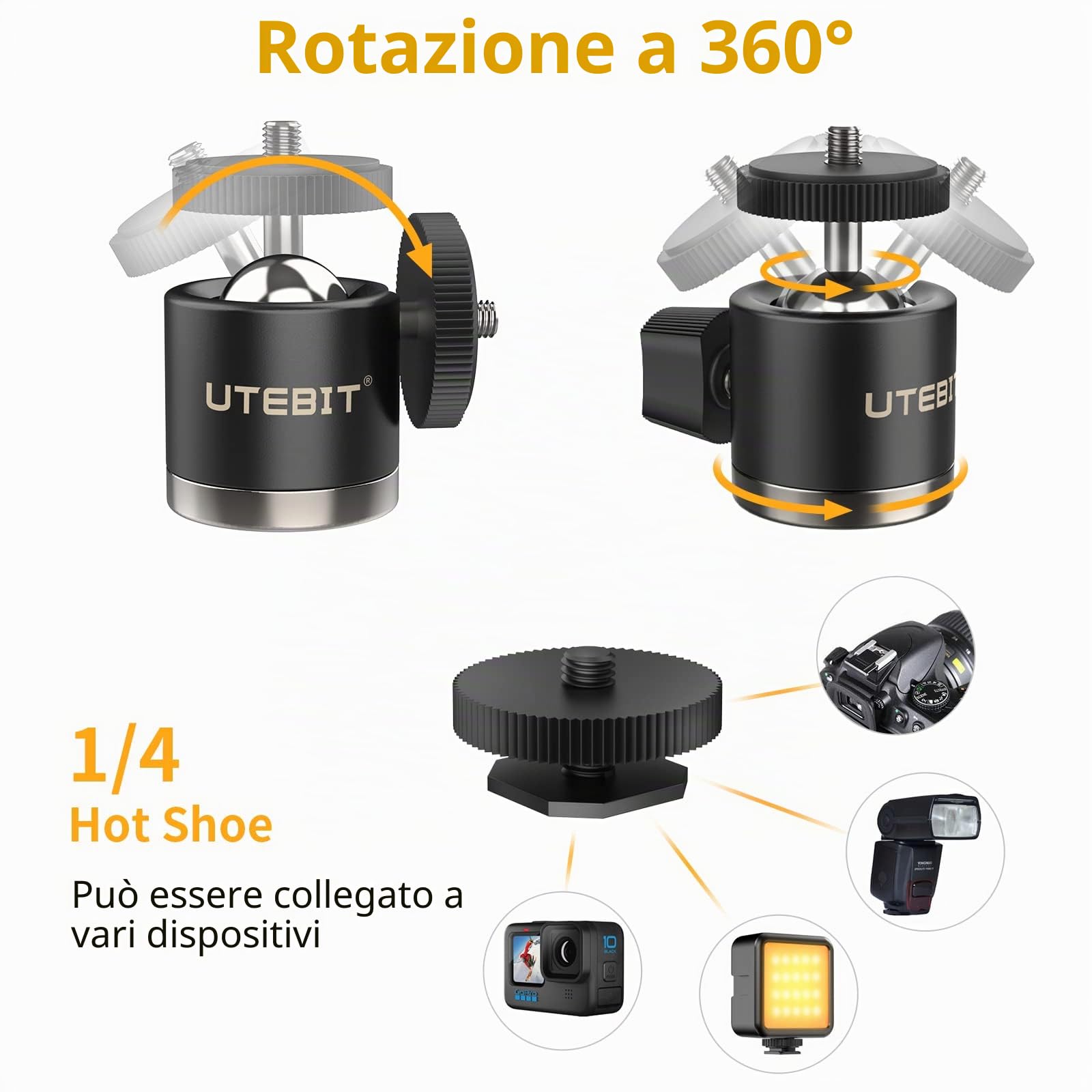 UTEBIT Supporto Magnetico Per Telecamera, 88mm Base Magnetica con Testa a Sfera Treppiede, Adattatore Action Cam e Supporto Telefono, Supporto Magnetico Vite 1/4 per Gopro, Webcam, DSLR, Fotocamera
