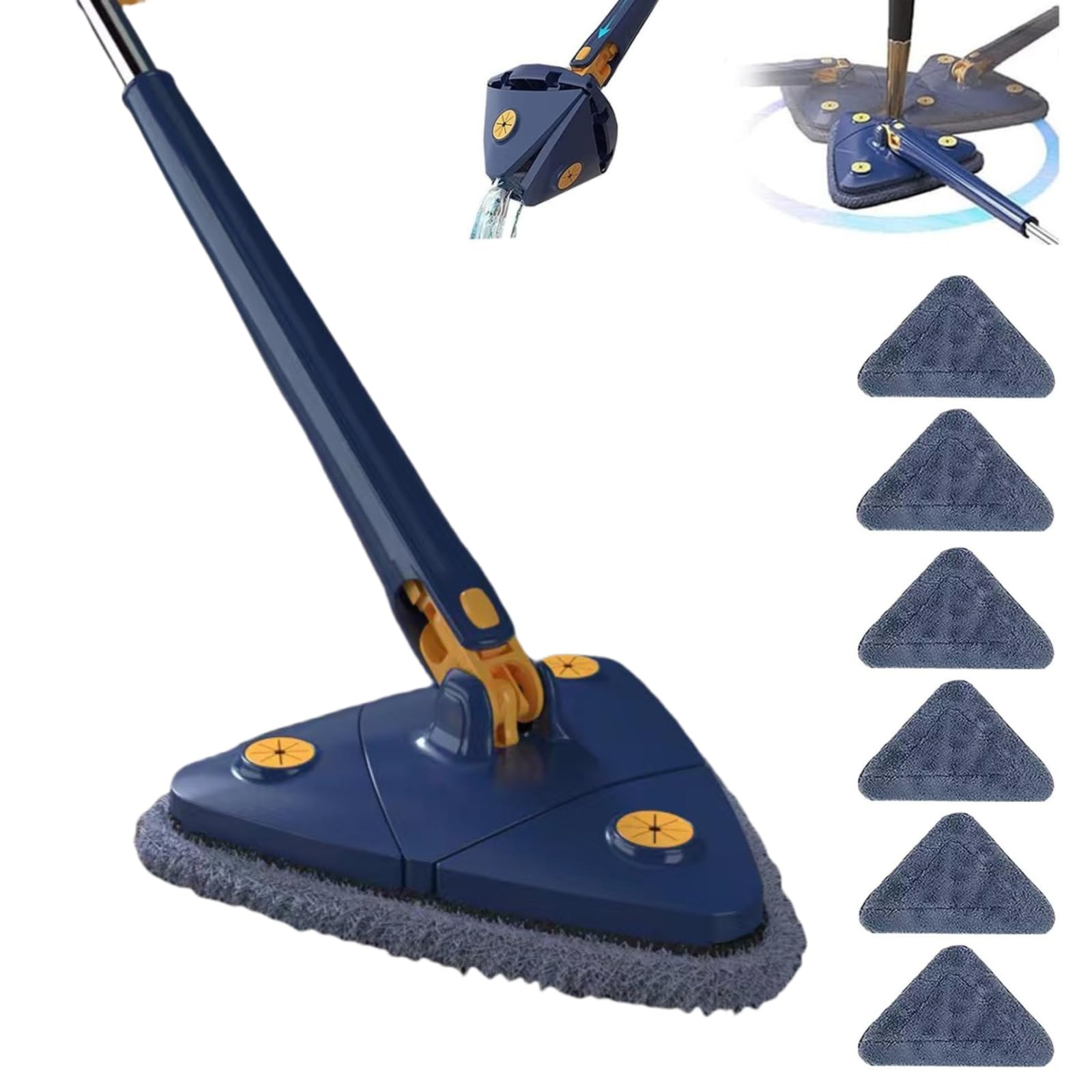 Upattend - Trapeador triangular giratorio de 360° ajustable, cepillo de limpieza triangular para limpiar húmedo y seco, limpiador telescópico de suelos para paredes, techos y vidrio (azul) (azul + 6
