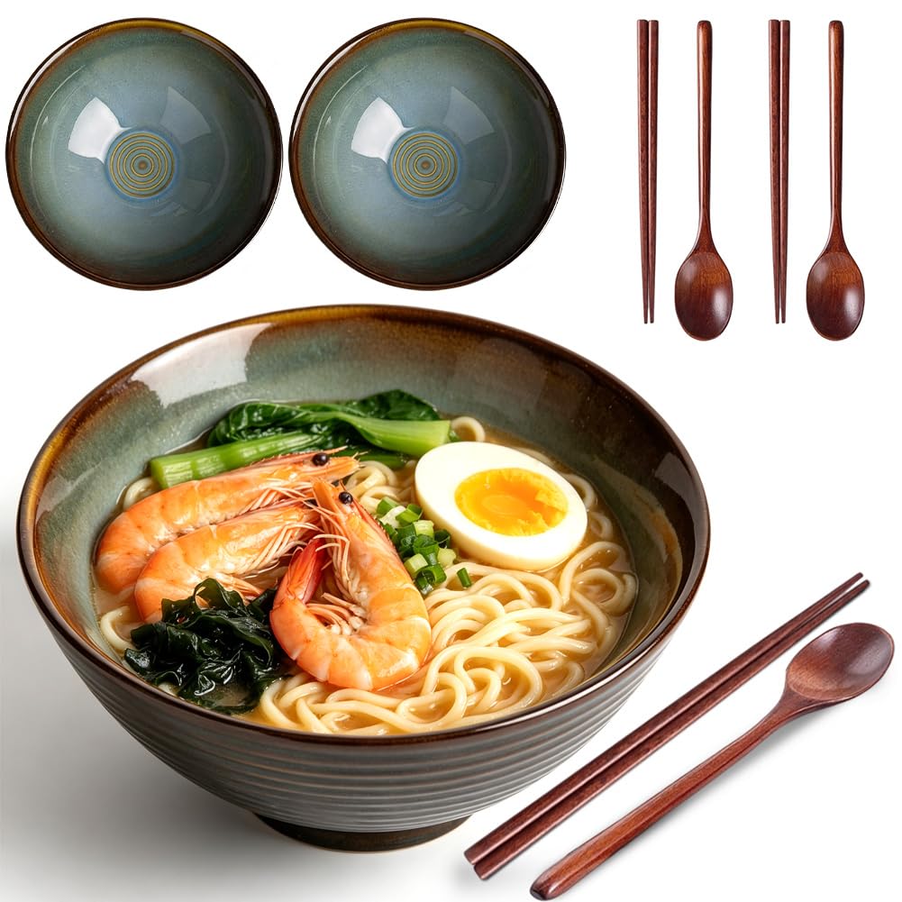 Set di 2 ciotole per ramen in ceramica, 1200 ml, con bacchette e cucchiai, ciotola grande per ramen zuppe, pasta, insalata di frutta (turchese retrò)