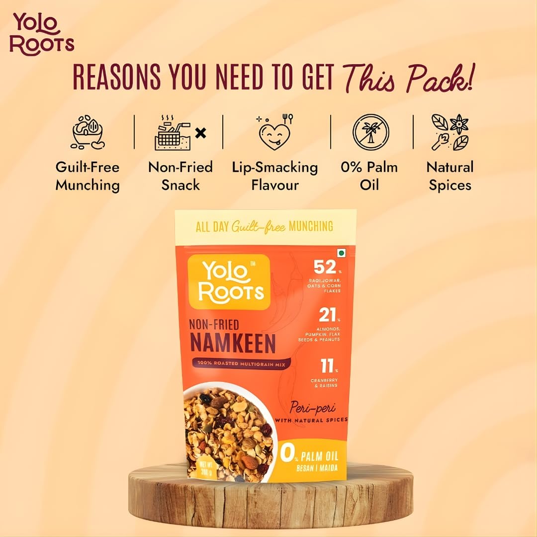 Yolo Roots Multigrain Crunchy Muesli 400g & Roasted Multigrain Peri Peri Namkeen 300g Combo, No Added Sugar Breakfast Cereal & Non Fried Healthy Snack, High Fiber Energy Food (Pack Of 2) 2