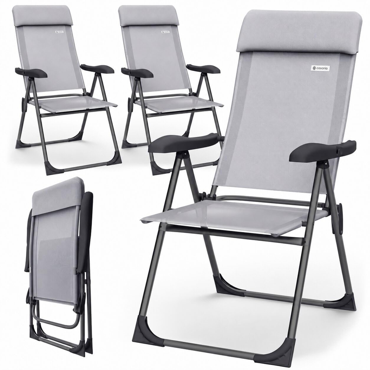 CASARIA® 4x Aluminium High Back Folding Garden Chairs | Lightweight 7-Way Adjustable Backrest Armchairs Set | Padded Headrest | Patio Balcony Camping Outdoor | Grey/Black