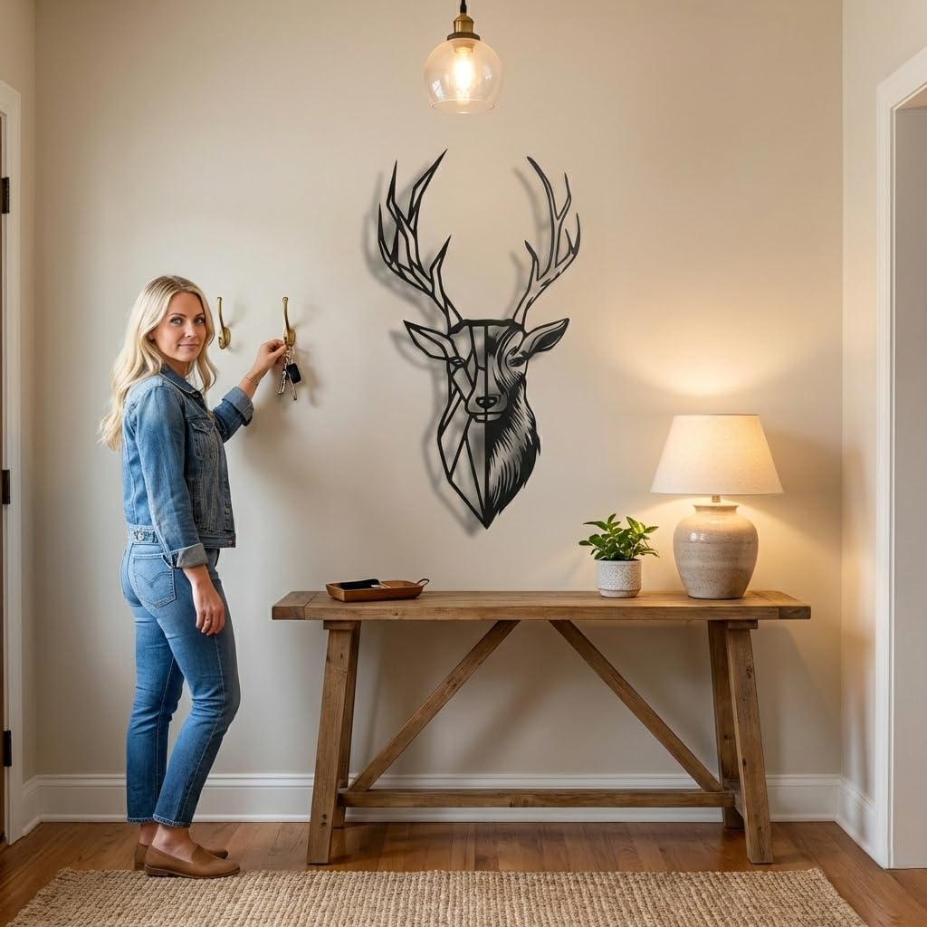 Metal Deer Head Natural Metal Wall Art 3D Deer Silhouette Metal Wall Decor Home Decoration Deer Sculpture Deer Antler Metal Sign Metal Charm (12" W x 24" H / 32 x 61cm)