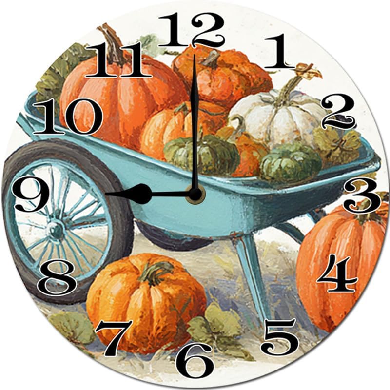 Miniatura 6 de Reloj colgante de madera con parche de calabaza, reloj de pared redondo de madera, silencioso, sin tictac, funciona con pilas, números arábigos,
