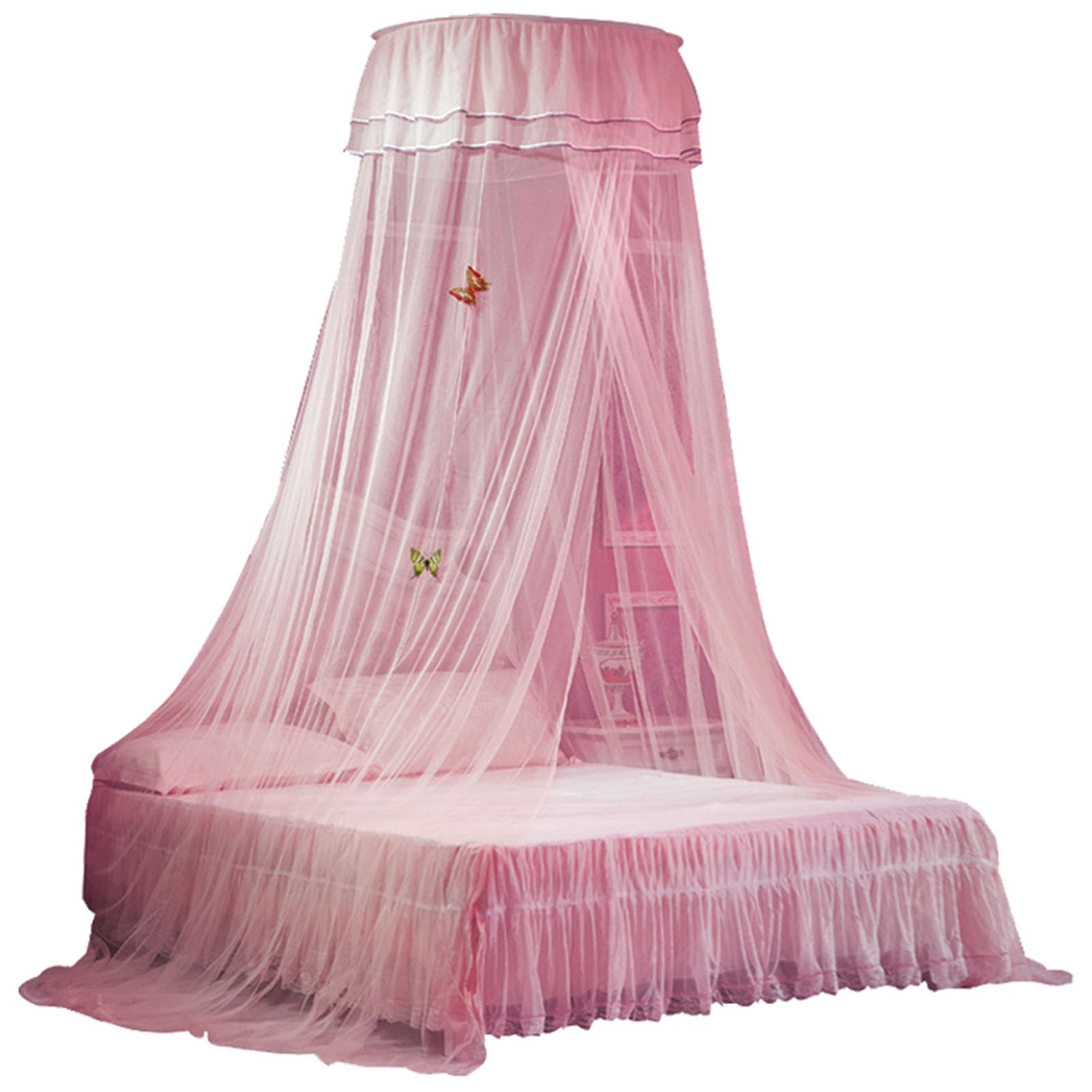 Universal Dome Bed Canopy Elegant Lace Curtain Princess Style Bedroom Decoration Easy Installation White (Pink)