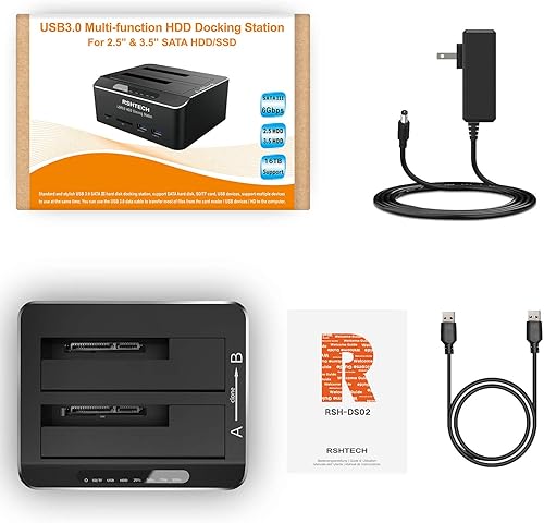 Miniatura 9 de Estación de acoplamiento para disco duro RSHTECH USB 3.0 Aluminio Dual Bay Hard Drive Dock para 2.5" y 3.5" SATA HDD SSD con lector de tarjetas