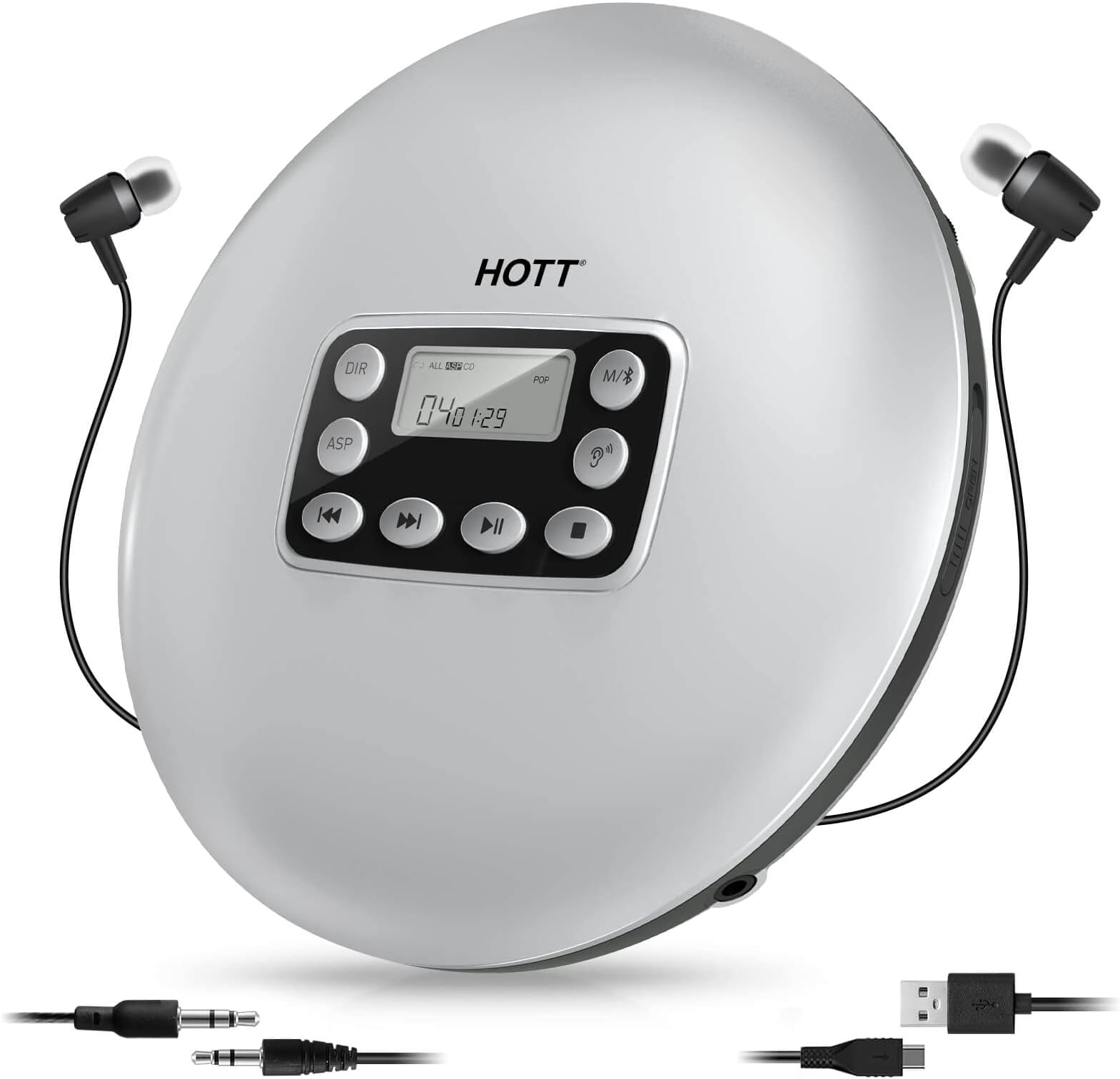 HOTT CD711T Rechargeable Portable CD Player with Bluetooth for Car and Home Travel with Stereo Headphone and Aux Cable,Anti Skip Protection-Silver