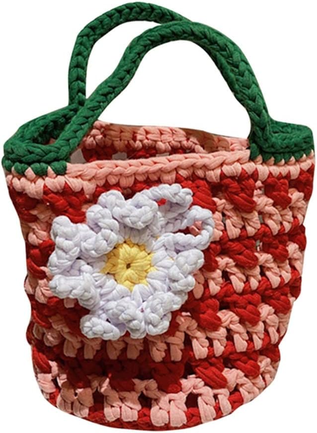 Casual Woven Stitching Bucket Handbags Women Money Purse Contrasting Color Flower Mini Clutch Bag(Black)
