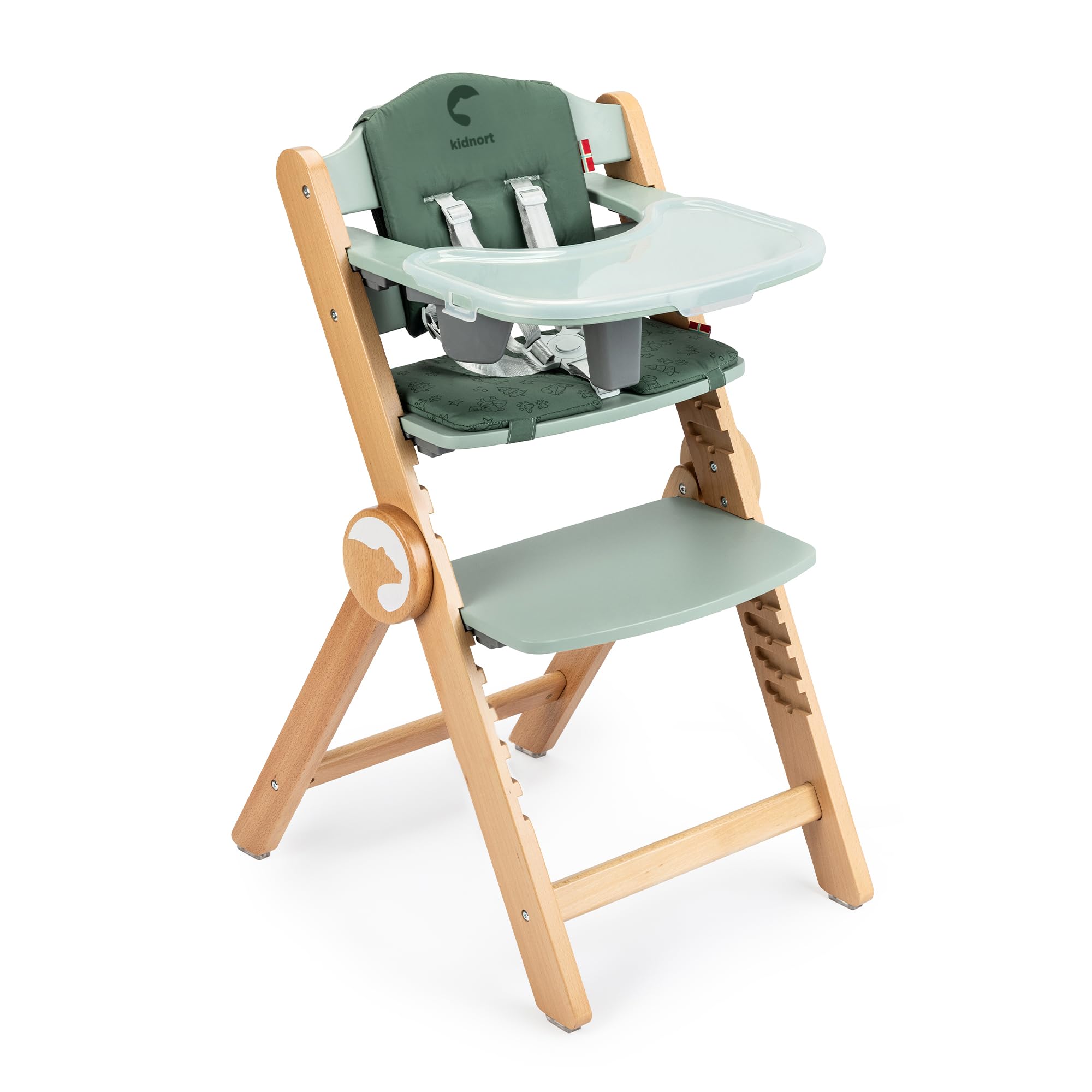 Kidnort Holzhochstuhl Drömmer Unique bis 75kg Mitwachsender Faltbarer Hochstuhl aus Buche für Kinder mit Sitzkissen 5 Punkt Gurt zusätzliche Ablage Schrittgurt 9 Höhenverstellungen Schutzbügel Grün