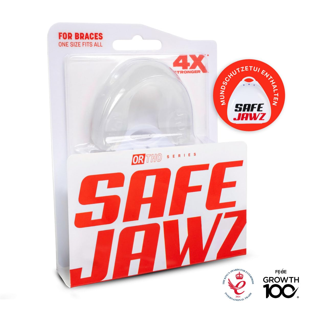 SAFEJAWZ Sport Zahnschutz für Zahnspangen Einheitsgröße Sport Mundschutz Für alle Vollkontakt-Sportarten einschließlich Rugby, MMA, Kampfsport, Kickboxen, Judo, Hockey & Boxen (Transparent)