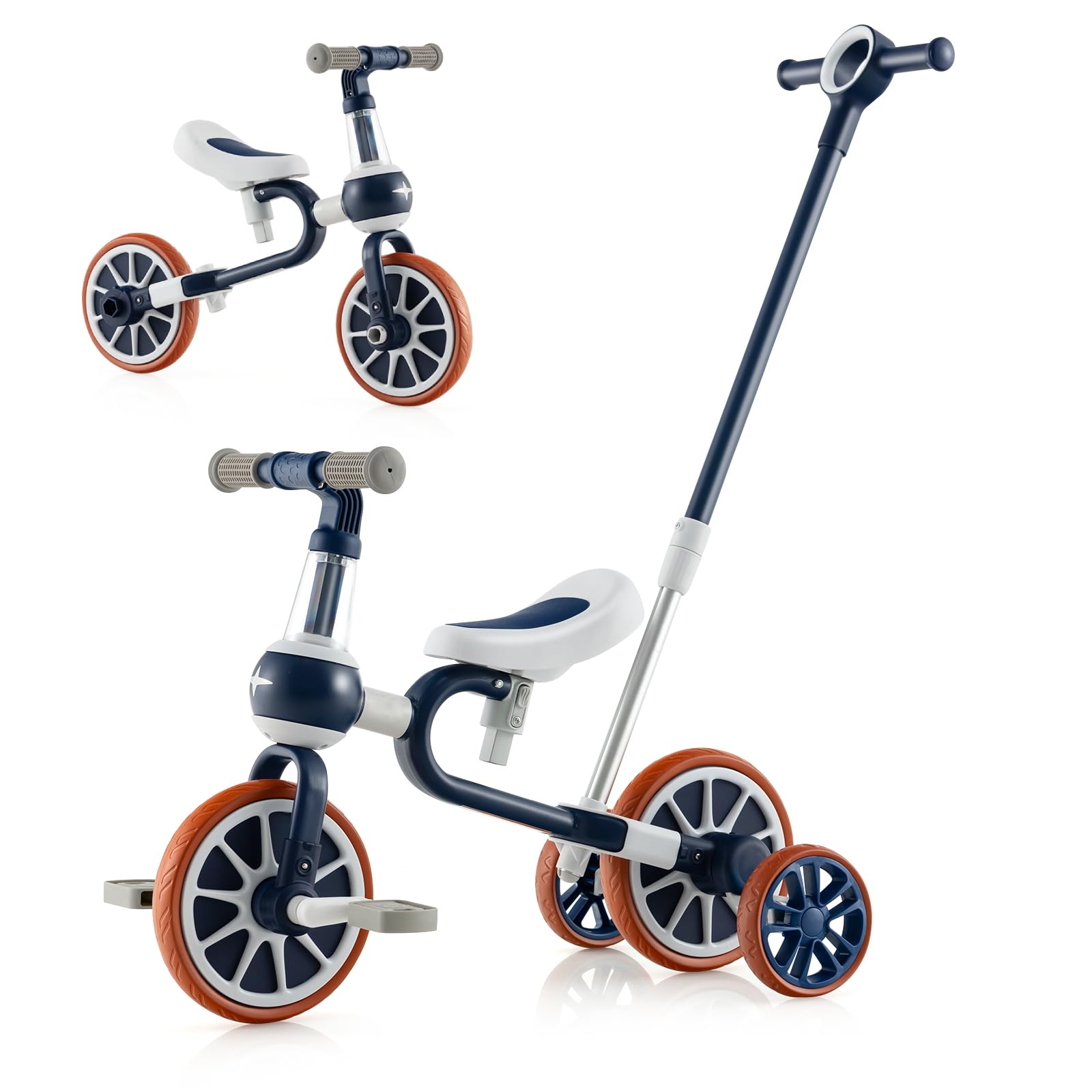GYMAX 4 in 1 Kids Trike, Toddler Bike with Adjustable Push Handle, 2-Level Seat Height, Removable Pedals and Training Wheels, Baby Balance Bike Birthday Toys for Boys & Girls