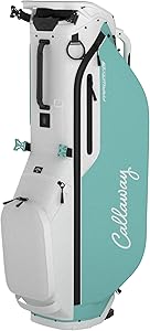 Callaway golf bag with white and teal color, featuring multiple compartments and utility straps for organizing golf clubs and accessories